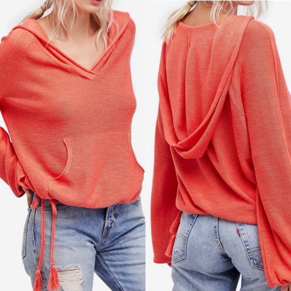 FREE PEOPLE Optimistic Linen Blend Hoodie Pullover Sweater XS Oversized Coral